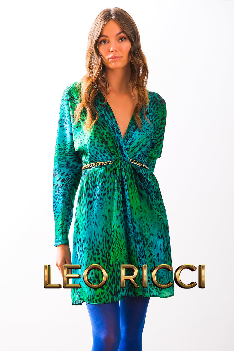 Green Silky Satin Printed Mini Cocktail Dress with Long Sleeves