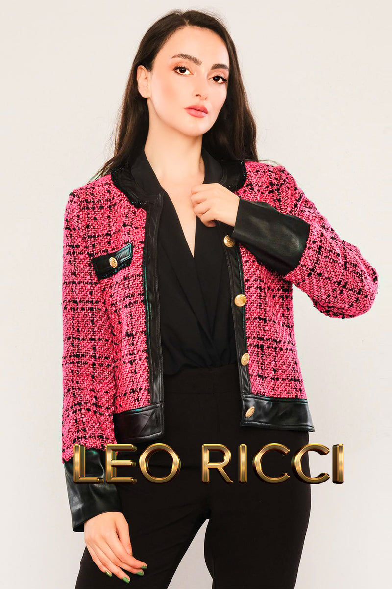 Pink Tweed & Vegan Leather Cropped Jacket for Women