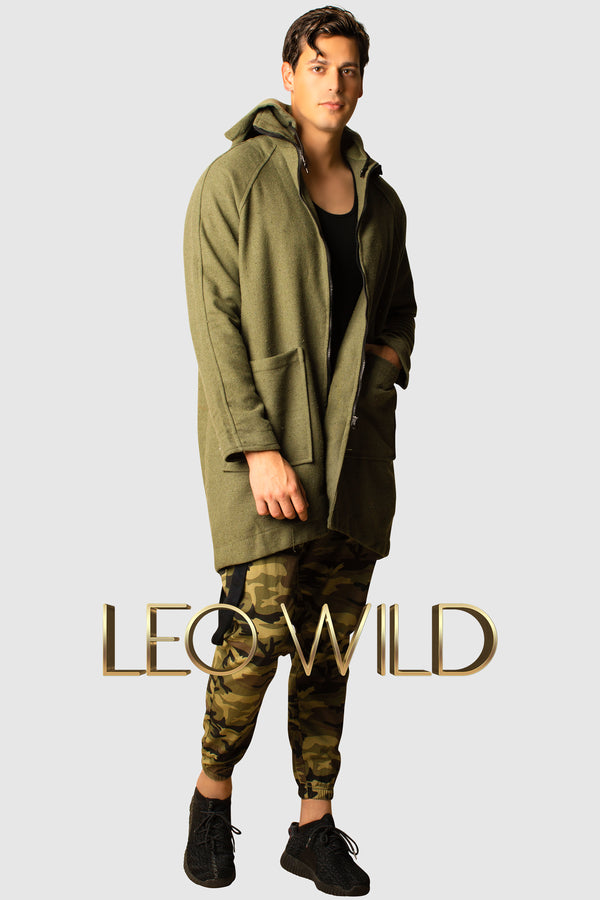 Men's Olive green Long Hooded Cardigan : Army Green Full Zip Sweater for Men : best mens full zip sweater : mens cardigan long : Streetwear cardigan