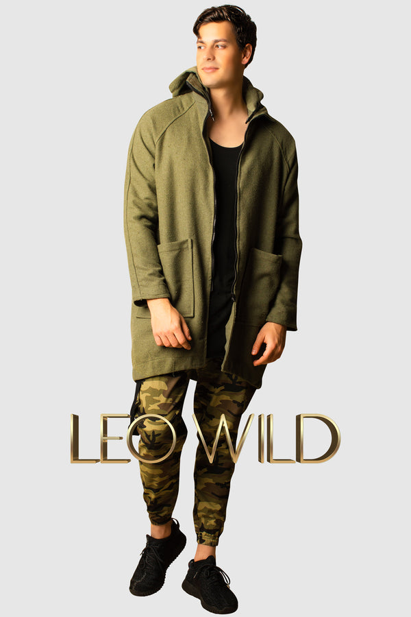 Men's Olive green Long Hooded Cardigan : Army Green Full Zip Sweater for Men : best mens full zip sweater : mens cardigan long : Streetwear cardigan