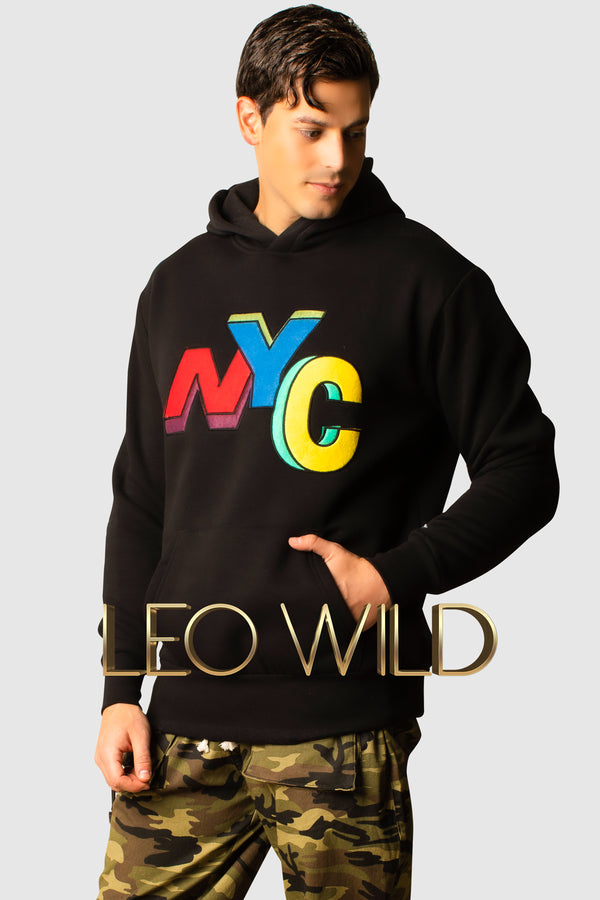 Oversized Hoodie For Men : Black Designer Embroidered Sweatshirt : LEO WILD luxury menswear : Designer cool embroidered hoodie for men in black : Soft and warm hoodie for men : NYC hoodie