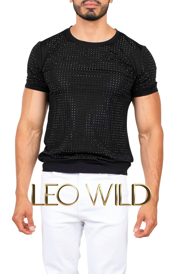 Men's Clubbing Shirt: Black Rhinestones Party T-Shirt for Men