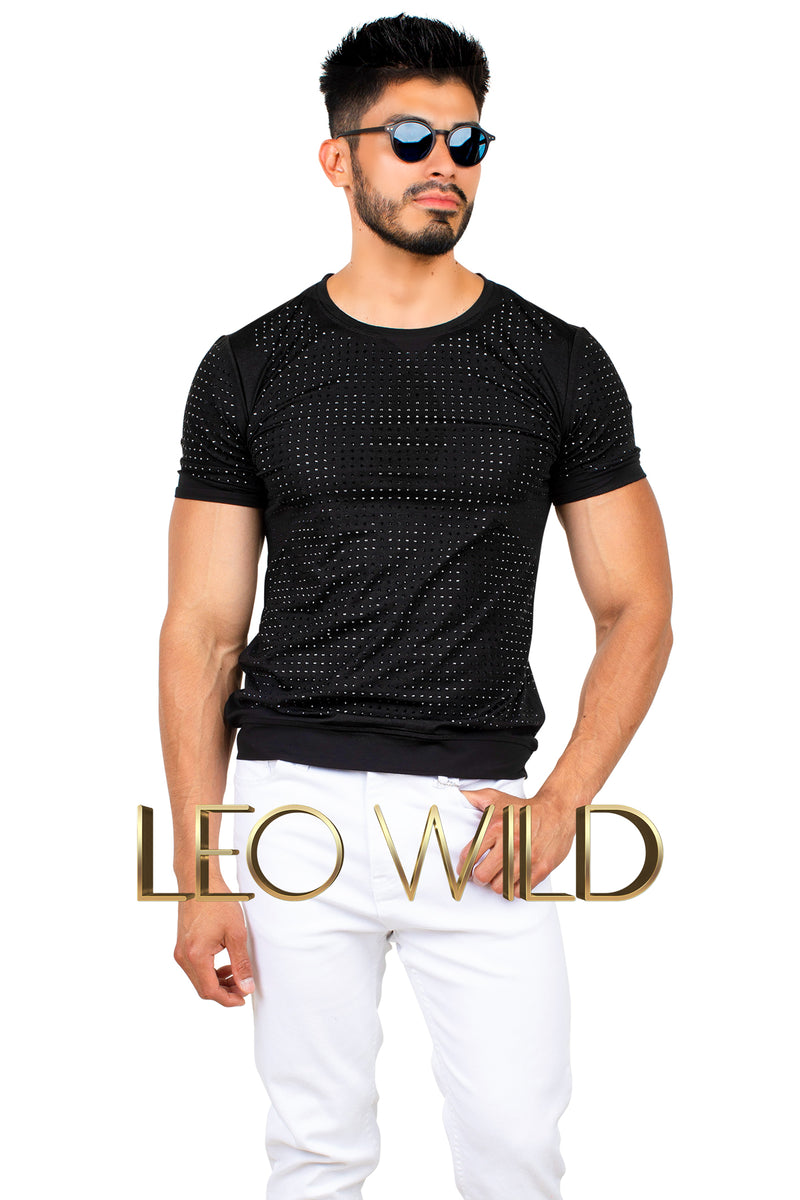 Men's Clubbing Shirt: Black Rhinestones Party T-Shirt for Men