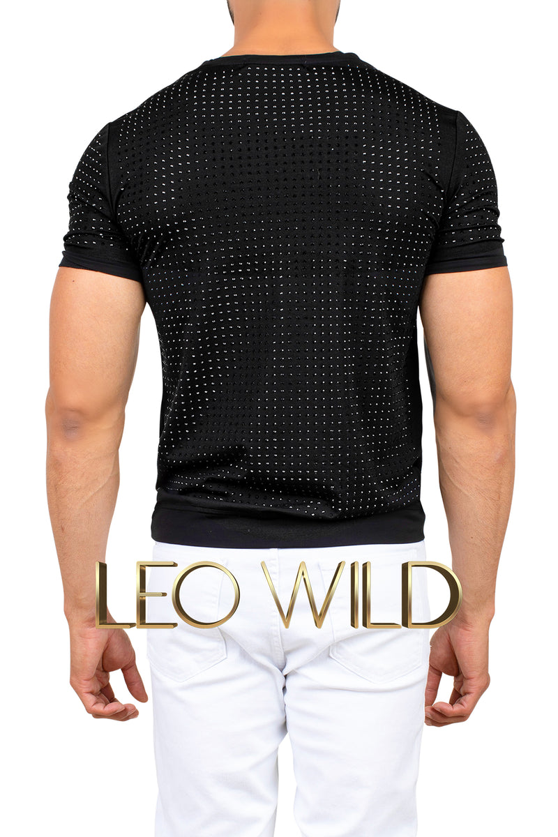 Men's Clubbing Shirt: Black Rhinestones Party T-Shirt for Men