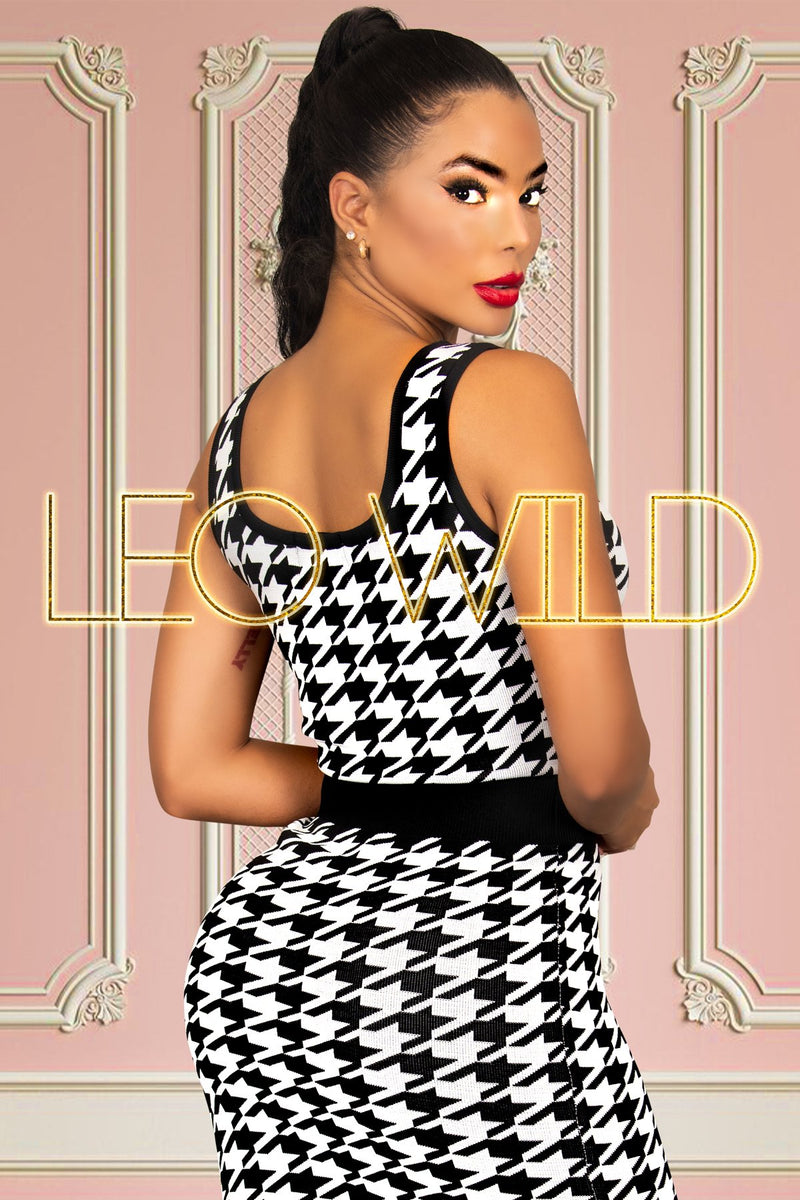 Black & White Designer Sexy Tank Top | Houndstooth Print Sexy Knitted Top-Women's Tops-LEO WILD™ | Designer Clothing Boutique Online