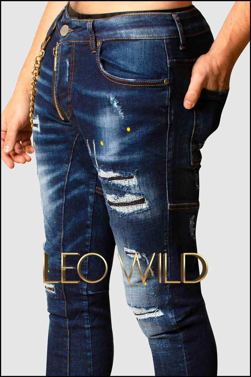 Distressed Blue Denim jeans for men - Skinny Jeans for Men - Blue Ripped Jeans for Men - Ripped Skinny Jeans for Men - Designer Blue Skinny Jeans - Streetwear Denim Jeans - Menswear Jeans Online - Cool Jeans for Men 