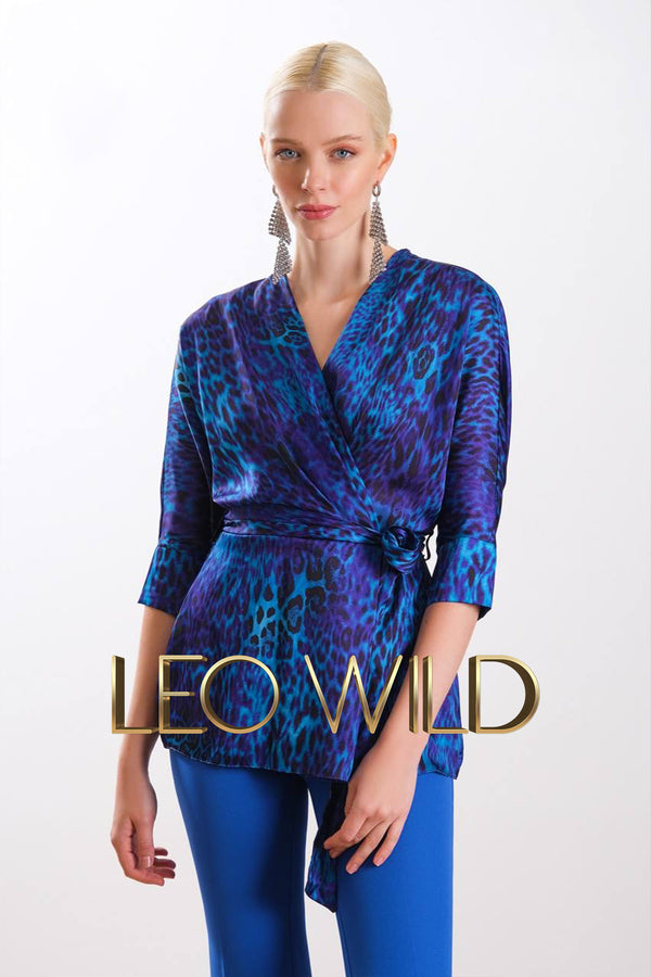 Blue Silky Satin Blouse with Long Sleeves