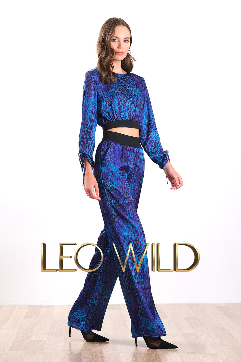 Blue Silky Satin Leopard Print Women's Pants