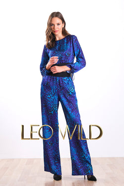 Blue Silky Satin Leopard Print Women's Pants