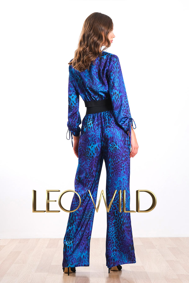 Blue Silky Satin Leopard Print Women's Pants