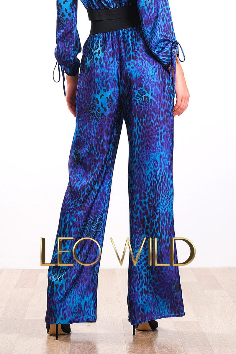 Blue Silky Satin Leopard Print Women's Pants