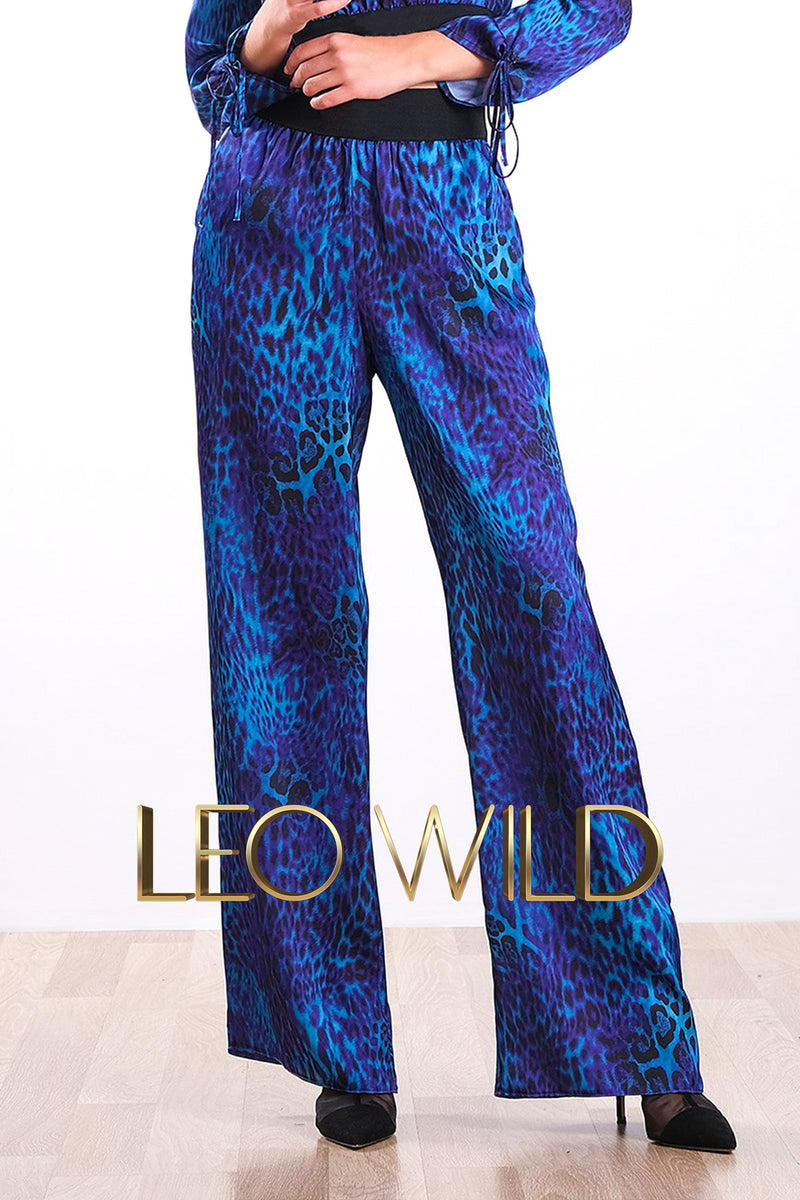 Blue Silky Satin Leopard Print Women's Pants