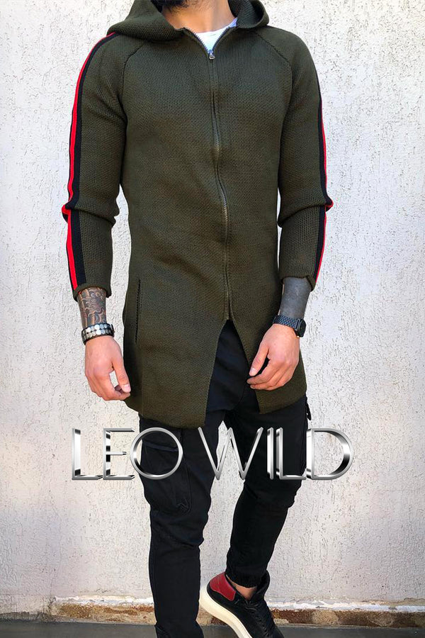 Green Knitted Cardigan For Men: Men's Fitted Long Hooded Jacket