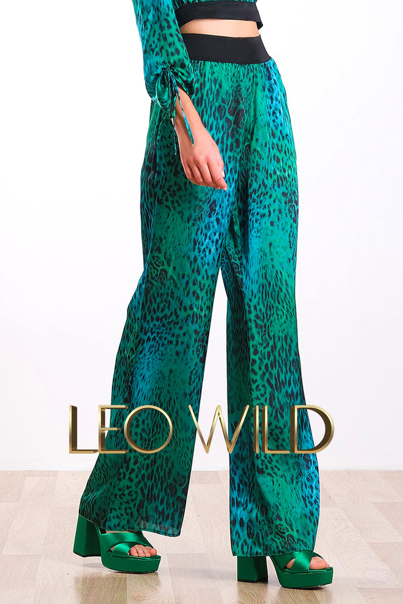 Green Silky Satin Printed Women's Pants