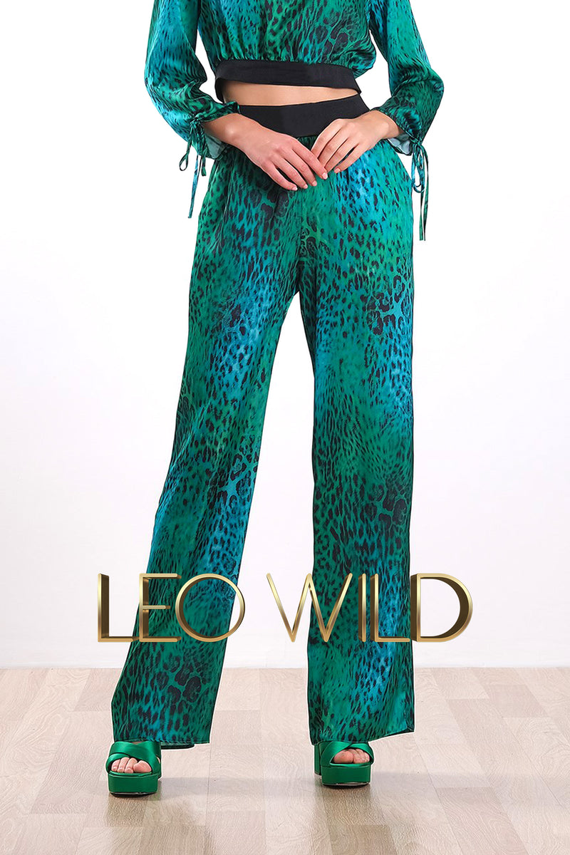 Green Silky Satin Printed Women's Pants