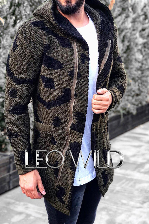 Knitted Cardigan for Men: Army Green Slim Fit Zip Up Jacket