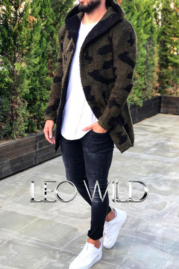 Knitted Cardigan for Men: Army Green Slim Fit Zip Up Jacket