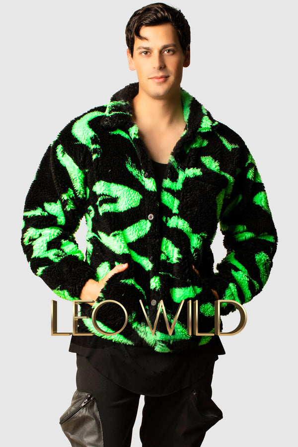 Furry Shirt Jacket for Men : Neon Green & Black Casual Going Out Jacket for Men : Cool Streetwear Designer Jacket 2022 : Los Angeles : California : Nice Going out Jacket for Men