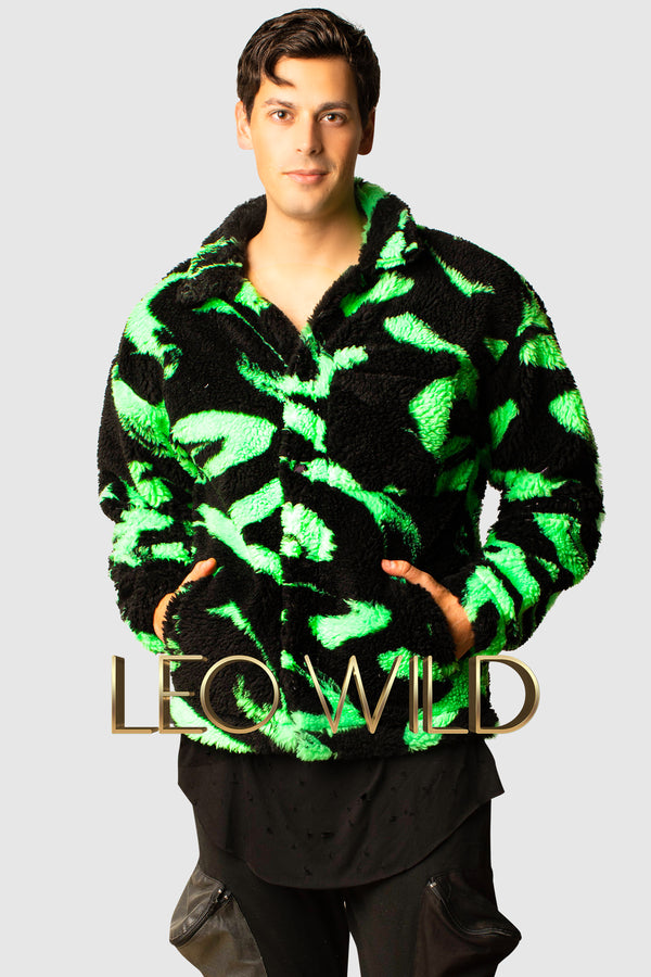 Furry Shirt Jacket for Men : Neon Green & Black Casual Going Out Jacket for Men : Cool Streetwear Designer Jacket 2022 : Los Angeles : California : Nice Going out Jacket for Men