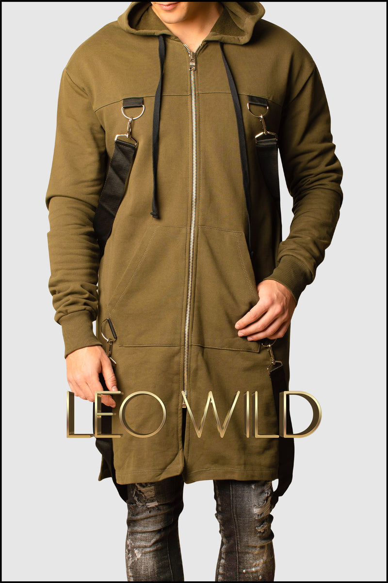 Army Green Long Zip Up Hooded Cardigan for Men - Zip Up Hoodie for Men - Long cardigan for Men - Stylish cardigan with hood -Zip Up Hoodie for tall guys - Big and tall hoodie jacket - Designer Hoodie Zip Up for Men - Cool streetwear menswear men's clothing online 