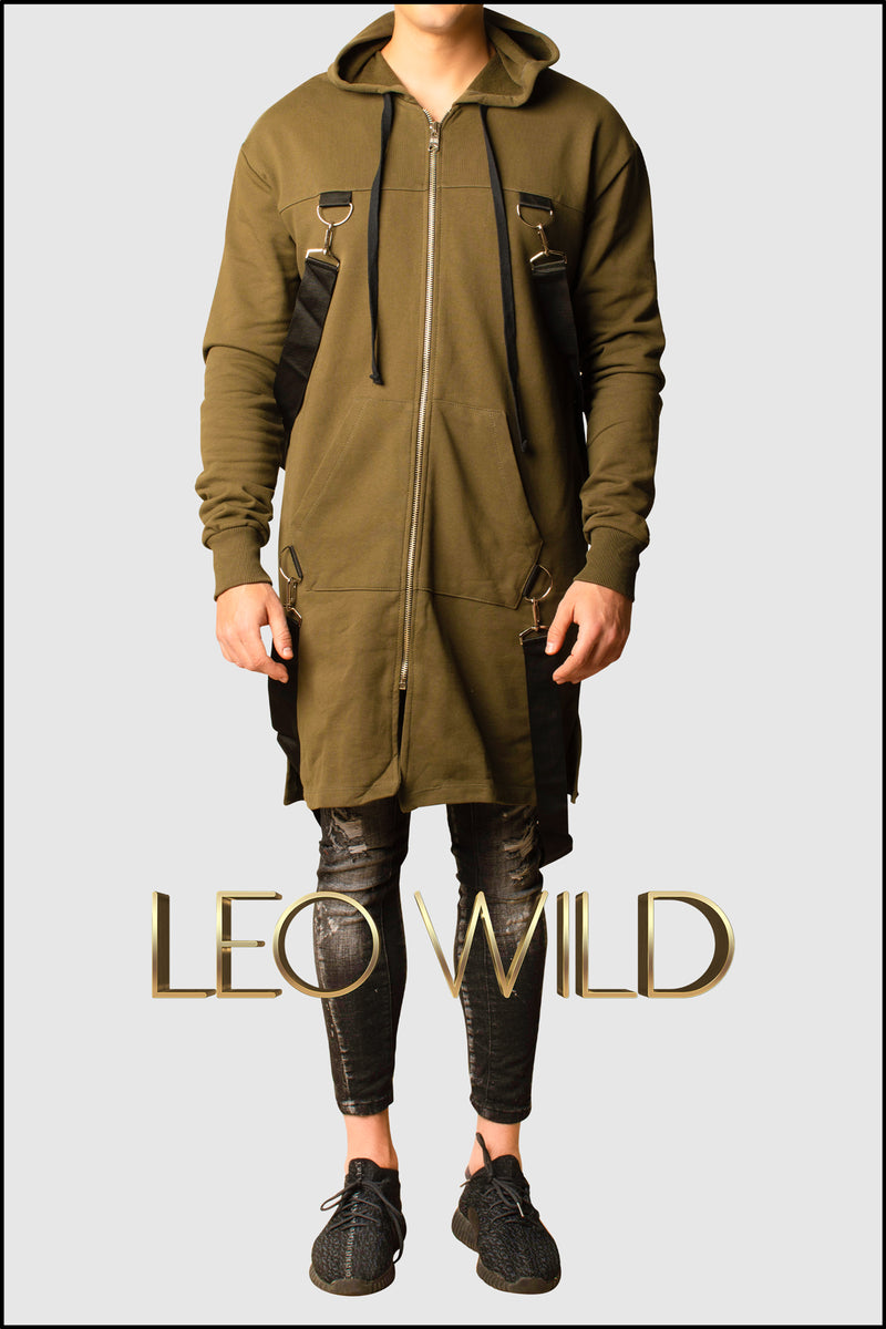 Army Green Long Zip Up Hooded Cardigan for Men - Zip Up Hoodie for Men - Long cardigan for Men - Stylish cardigan with hood -Zip Up Hoodie for tall guys - Big and tall hoodie jacket - Designer Hoodie Zip Up for Men - Cool streetwear menswear men's clothing online 