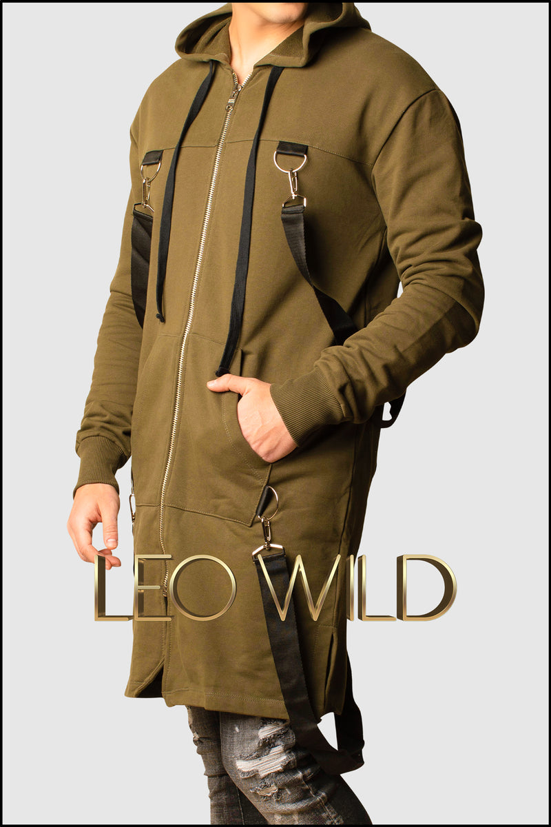 Army Green Long Zip Up Hooded Cardigan for Men - Zip Up Hoodie for Men - Long cardigan for Men - Stylish cardigan with hood -Zip Up Hoodie for tall guys - Big and tall hoodie jacket - Designer Hoodie Zip Up for Men - Cool streetwear menswear men's clothing online 