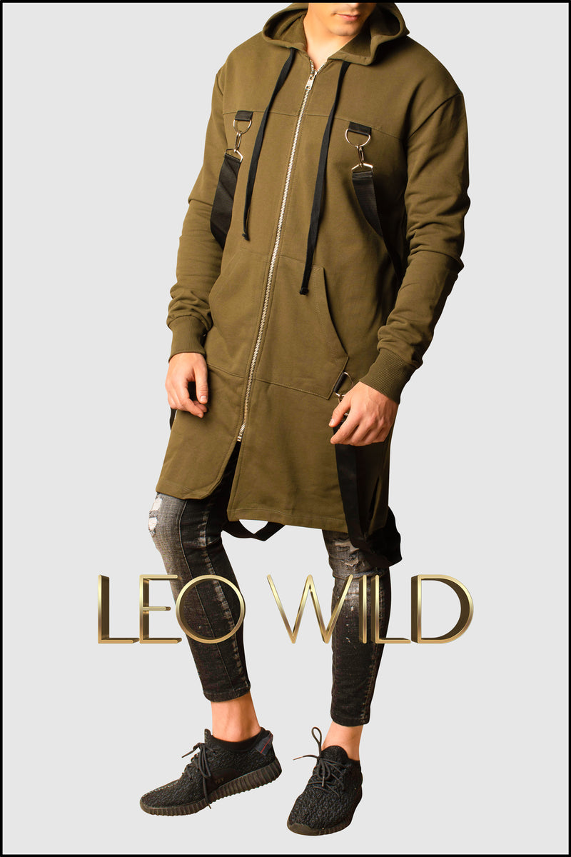 Army Green Long Zip Up Hooded Cardigan for Men - Zip Up Hoodie for Men - Long cardigan for Men - Stylish cardigan with hood -Zip Up Hoodie for tall guys - Big and tall hoodie jacket - Designer Hoodie Zip Up for Men - Cool streetwear menswear men's clothing online 