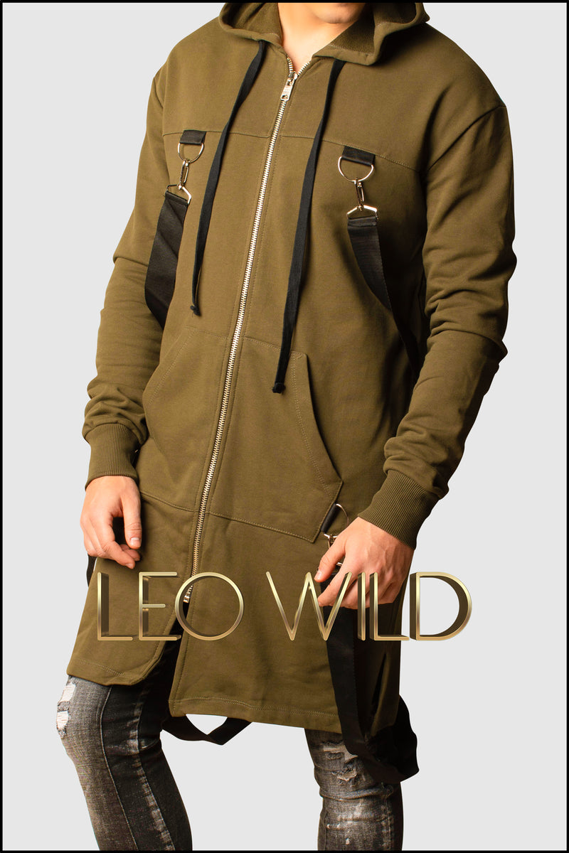 Army Green Long Zip Up Hooded Cardigan for Men - Zip Up Hoodie for Men - Long cardigan for Men - Stylish cardigan with hood -Zip Up Hoodie for tall guys - Big and tall hoodie jacket - Designer Hoodie Zip Up for Men - Cool streetwear menswear men's clothing online 