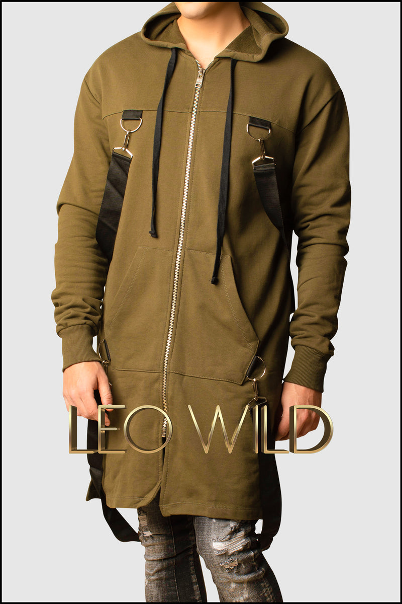 Army Green Long Zip Up Hooded Cardigan for Men - Zip Up Hoodie for Men - Long cardigan for Men - Stylish cardigan with hood -Zip Up Hoodie for tall guys - Big and tall hoodie jacket - Designer Hoodie Zip Up for Men - Cool streetwear menswear men's clothing online 