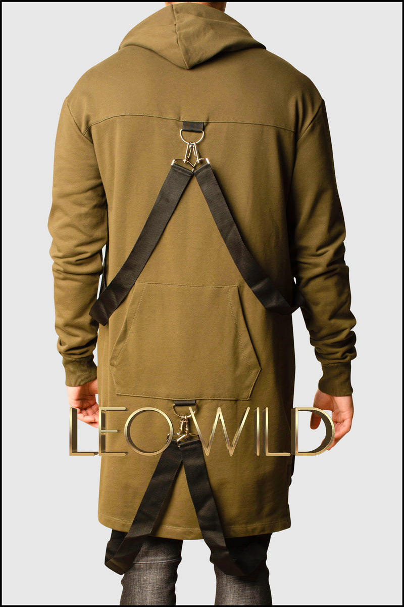 Army Green Long Zip Up Hooded Cardigan for Men - Zip Up Hoodie for Men - Long cardigan for Men - Stylish cardigan with hood -Zip Up Hoodie for tall guys - Big and tall hoodie jacket - Designer Hoodie Zip Up for Men - Cool streetwear menswear men's clothing online 