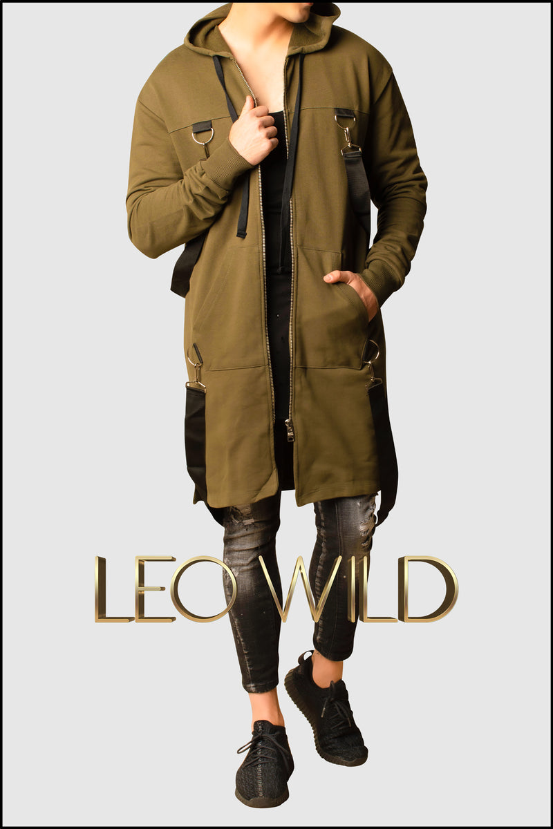 Army Green Long Zip Up Hooded Cardigan for Men - Zip Up Hoodie for Men - Long cardigan for Men - Stylish cardigan with hood -Zip Up Hoodie for tall guys - Big and tall hoodie jacket - Designer Hoodie Zip Up for Men - Cool streetwear menswear men's clothing online 