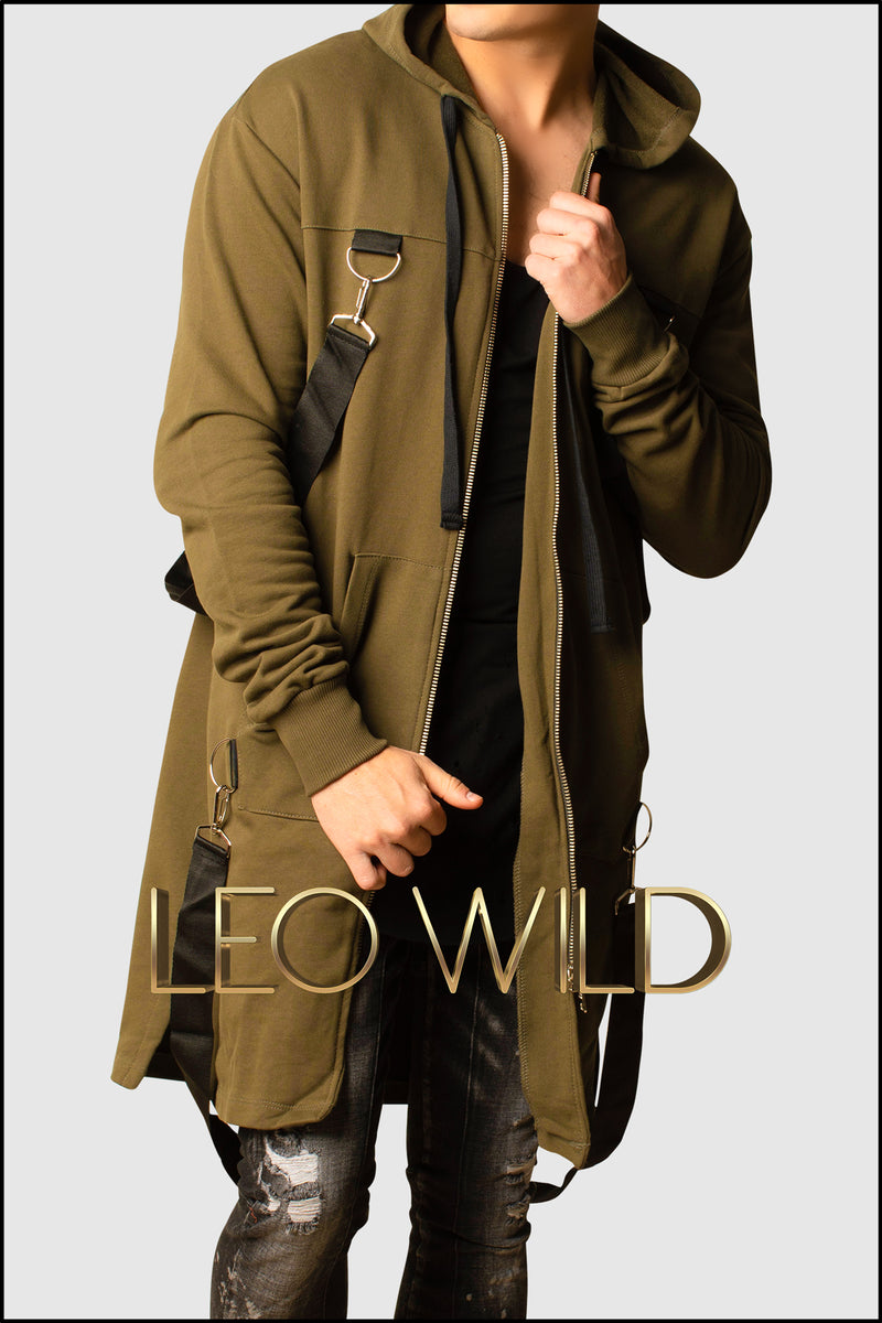 Army Green Long Zip Up Hooded Cardigan for Men - Zip Up Hoodie for Men - Long cardigan for Men - Stylish cardigan with hood -Zip Up Hoodie for tall guys - Big and tall hoodie jacket - Designer Hoodie Zip Up for Men - Cool streetwear menswear men's clothing online 