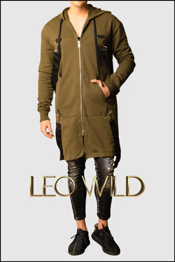 Army Green Long Zip Up Hooded Cardigan for Men - Zip Up Hoodie for Men - Long cardigan for Men - Stylish cardigan with hood -Zip Up Hoodie for tall guys - Big and tall hoodie jacket - Designer Hoodie Zip Up for Men - Cool streetwear menswear men's clothing online 