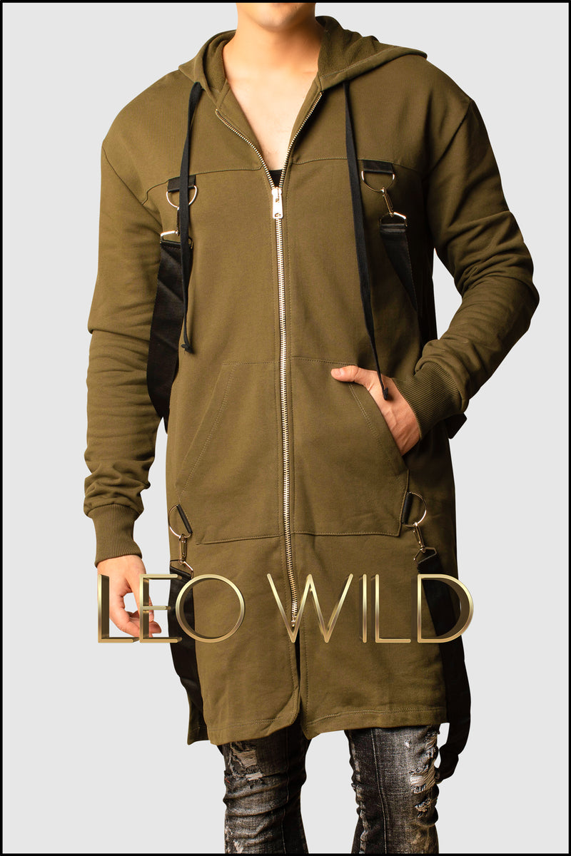 Army Green Long Zip Up Hooded Cardigan for Men - Zip Up Hoodie for Men - Long cardigan for Men - Stylish cardigan with hood -Zip Up Hoodie for tall guys - Big and tall hoodie jacket - Designer Hoodie Zip Up for Men - Cool streetwear menswear men's clothing online 