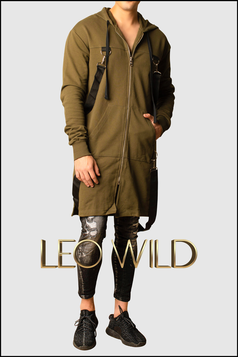 Army Green Long Zip Up Hooded Cardigan for Men - Zip Up Hoodie for Men - Long cardigan for Men - Stylish cardigan with hood -Zip Up Hoodie for tall guys - Big and tall hoodie jacket - Designer Hoodie Zip Up for Men - Cool streetwear menswear men's clothing online 