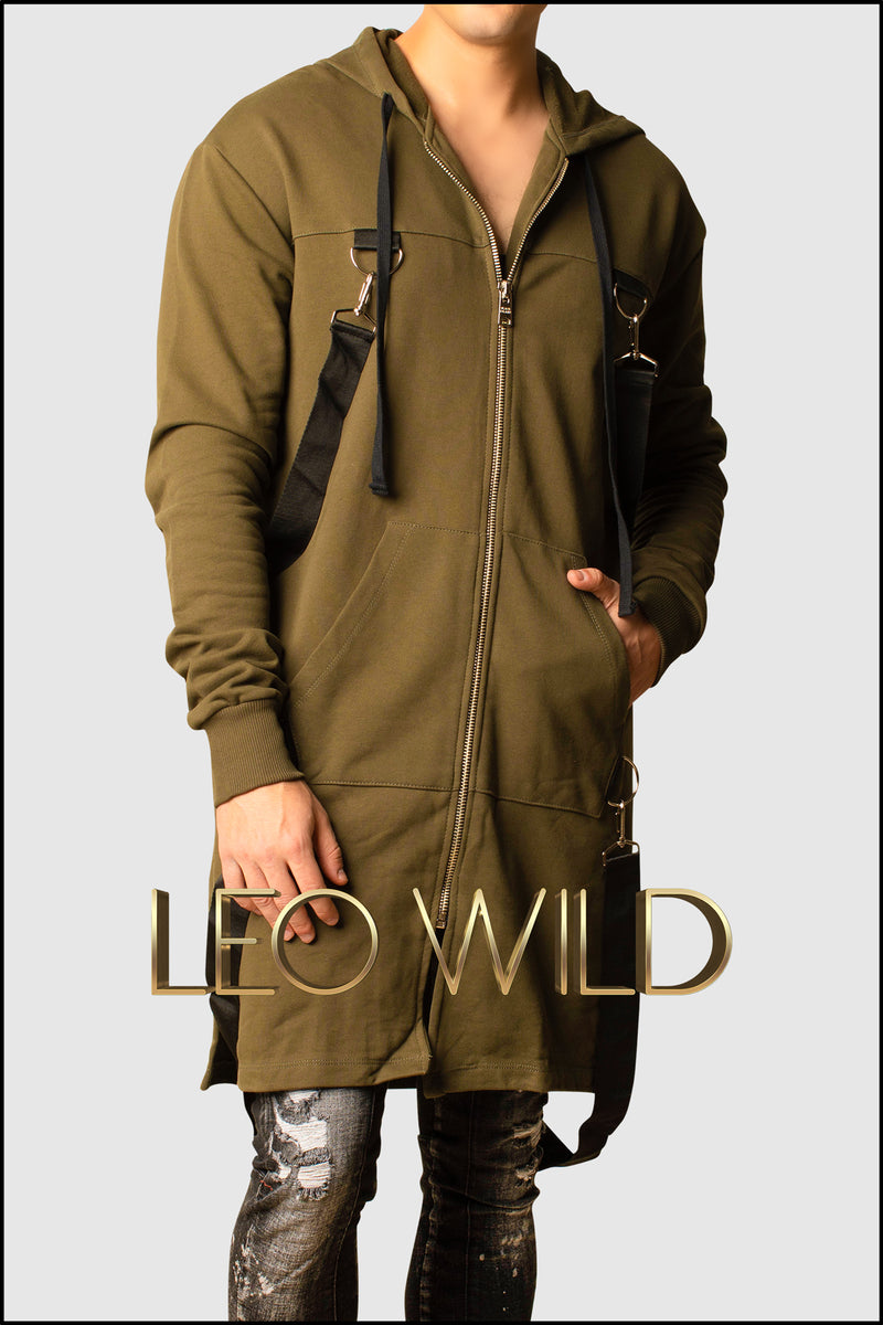 Army Green Long Zip Up Hooded Cardigan for Men - Zip Up Hoodie for Men - Long cardigan for Men - Stylish cardigan with hood -Zip Up Hoodie for tall guys - Big and tall hoodie jacket - Designer Hoodie Zip Up for Men - Cool streetwear menswear men's clothing online 