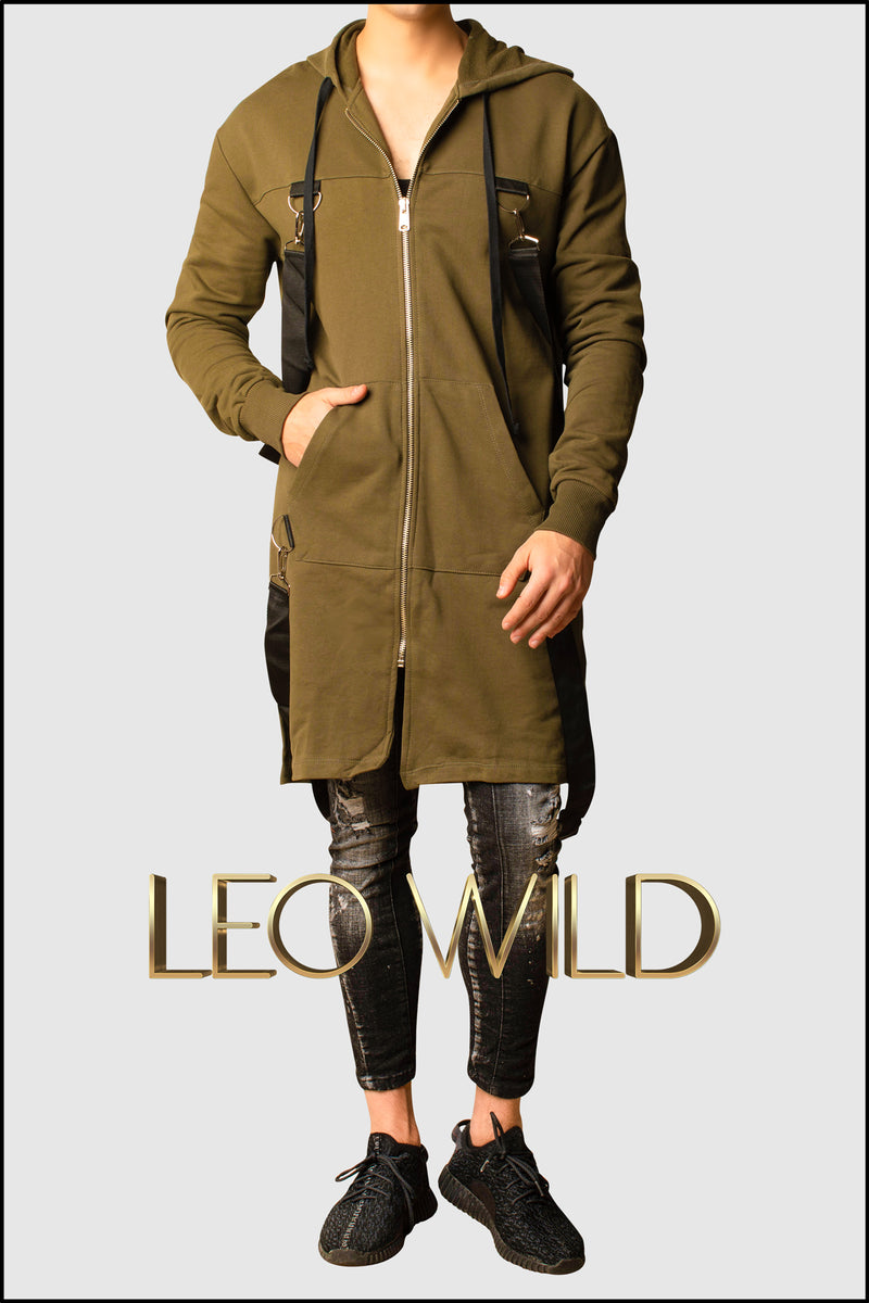 Army Green Long Zip Up Hooded Cardigan for Men - Zip Up Hoodie for Men - Long cardigan for Men - Stylish cardigan with hood -Zip Up Hoodie for tall guys - Big and tall hoodie jacket - Designer Hoodie Zip Up for Men - Cool streetwear menswear men's clothing online 