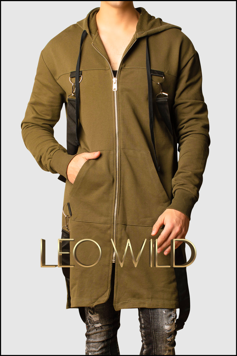 Army Green Long Zip Up Hooded Cardigan for Men - Zip Up Hoodie for Men - Long cardigan for Men - Stylish cardigan with hood -Zip Up Hoodie for tall guys - Big and tall hoodie jacket - Designer Hoodie Zip Up for Men - Cool streetwear menswear men's clothing online 