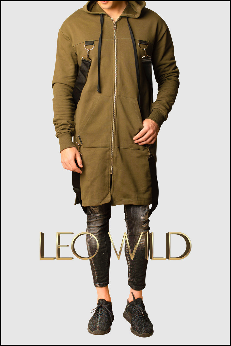 Army Green Long Zip Up Hooded Cardigan for Men - Zip Up Hoodie for Men - Long cardigan for Men - Stylish cardigan with hood -Zip Up Hoodie for tall guys - Big and tall hoodie jacket - Designer Hoodie Zip Up for Men - Cool streetwear menswear men's clothing online 