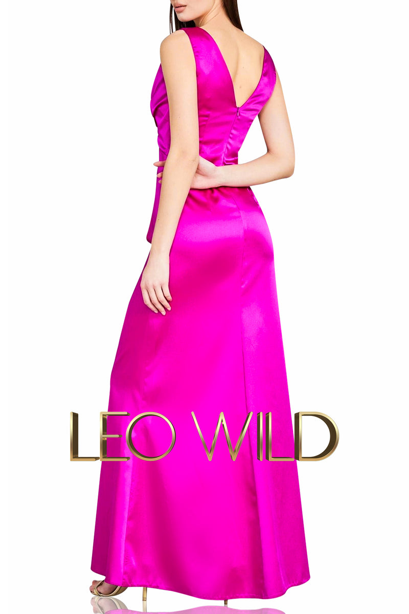 Long Cocktail Dress for Wedding: Pink Satin Formal Evening Gown