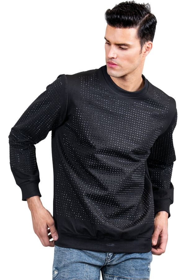 Men's Designer Shirt | Black Rhinestones Fully Covered Long Sleeve Designer Sweater for Men-Men's Tops-LEO WILD™ | Designer Clothing Boutique Online