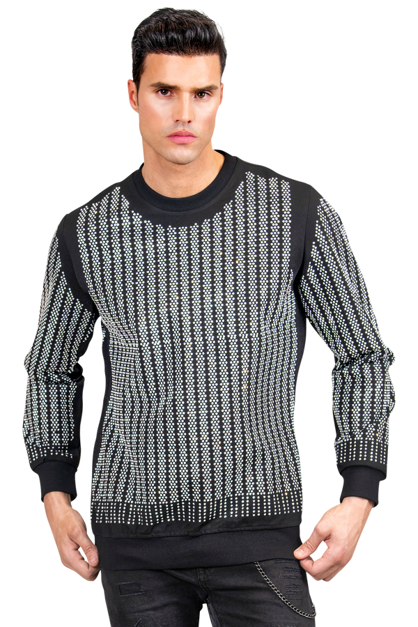 Men's Designer Shirt | Silver Rhinestones Fully Covered Long Sleeve Designer Sweater for Men-Men's Tops-Men's Designer Shirt | Silver Rhinestones Fully Covered Long Sleeve Designer Sweater for Men | LEORICCI-LEO WILD™ | Designer Clothing Boutique Online