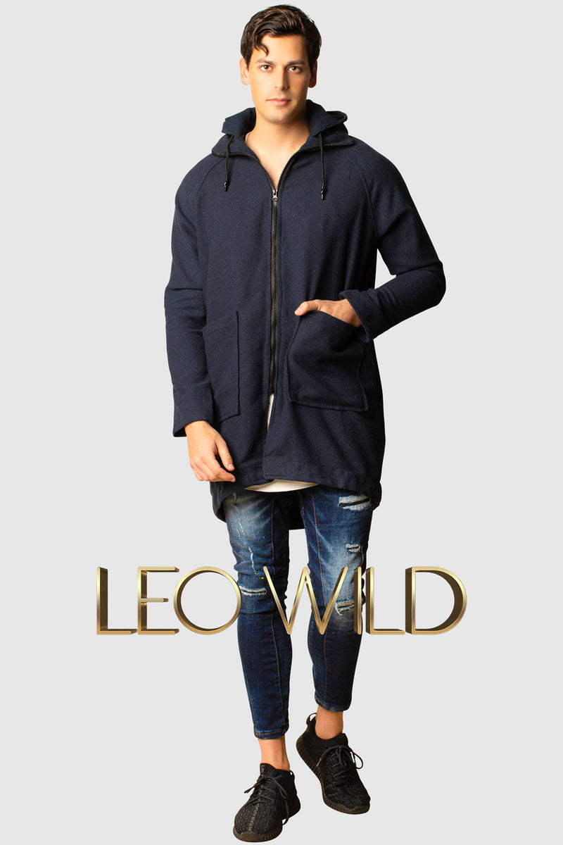 Men's Long Hooded Cardigan : Navy Full Zip Sweater for Men :  best mens full zip sweater : mens cardigan long : Streetwear cardigan