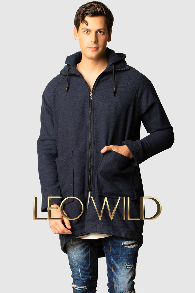 Men's Long Hooded Cardigan : Navy Full Zip Sweater for Men :  best mens full zip sweater : mens cardigan long : Streetwear cardigan