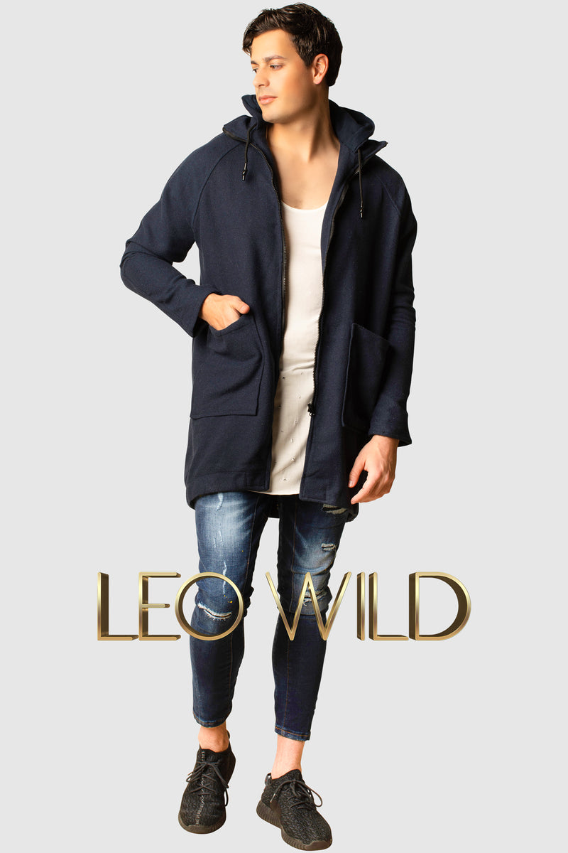 Men's Long Hooded Cardigan : Navy Full Zip Sweater for Men :  best mens full zip sweater : mens cardigan long : Streetwear cardigan