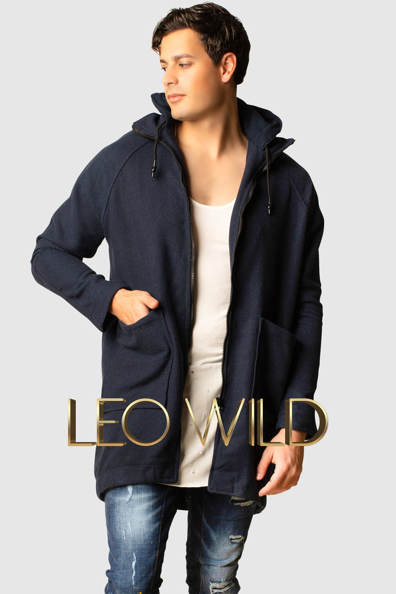 Men's Long Hooded Cardigan : Navy Full Zip Sweater for Men :  best mens full zip sweater : mens cardigan long : Streetwear cardigan