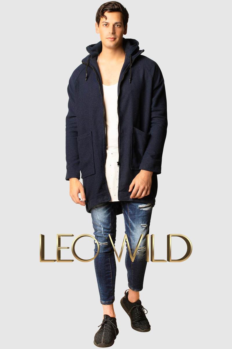 Men's Long Hooded Cardigan : Navy Full Zip Sweater for Men :  best mens full zip sweater : mens cardigan long : Streetwear cardigan