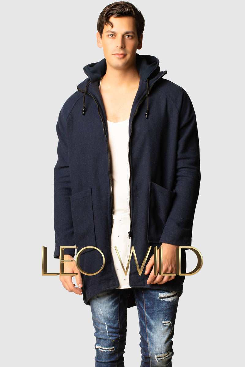 Men's Long Hooded Cardigan : Navy Full Zip Sweater for Men :  best mens full zip sweater : mens cardigan long : Streetwear cardigan