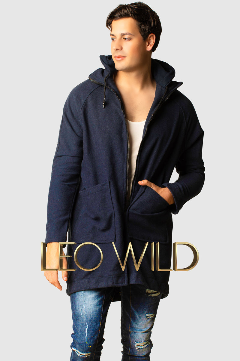 Men's Long Hooded Cardigan : Navy Full Zip Sweater for Men :  best mens full zip sweater : mens cardigan long : Streetwear cardigan