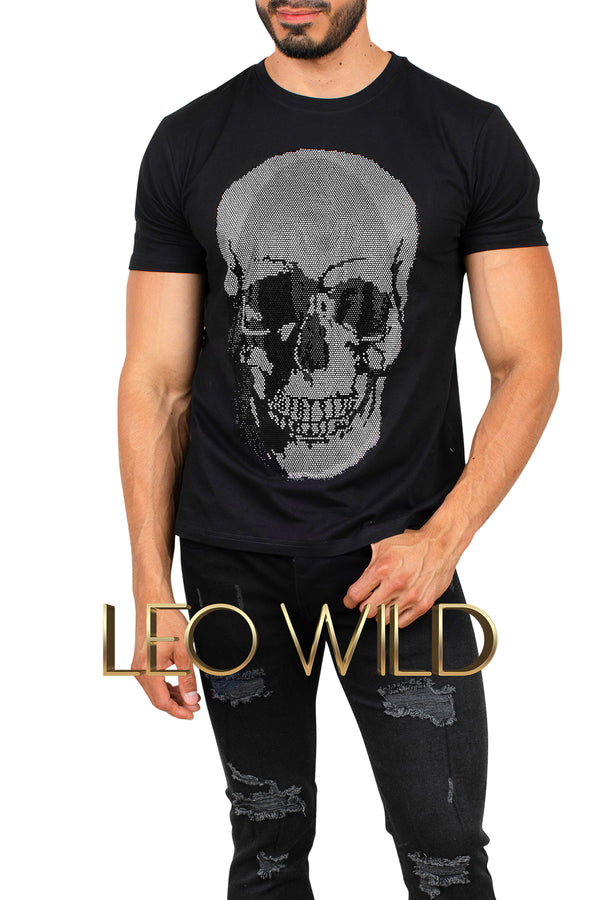 Men's Rhinestone Top: Black Shiny Skull T-Shirt for Men